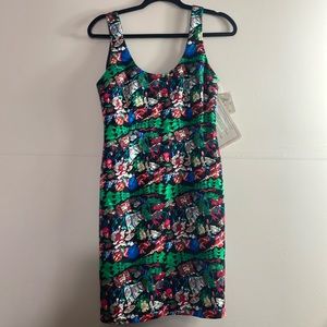 Dead stock Vintage Nicole Miller Silk Christmas dress size 6 Santa wreaths trees